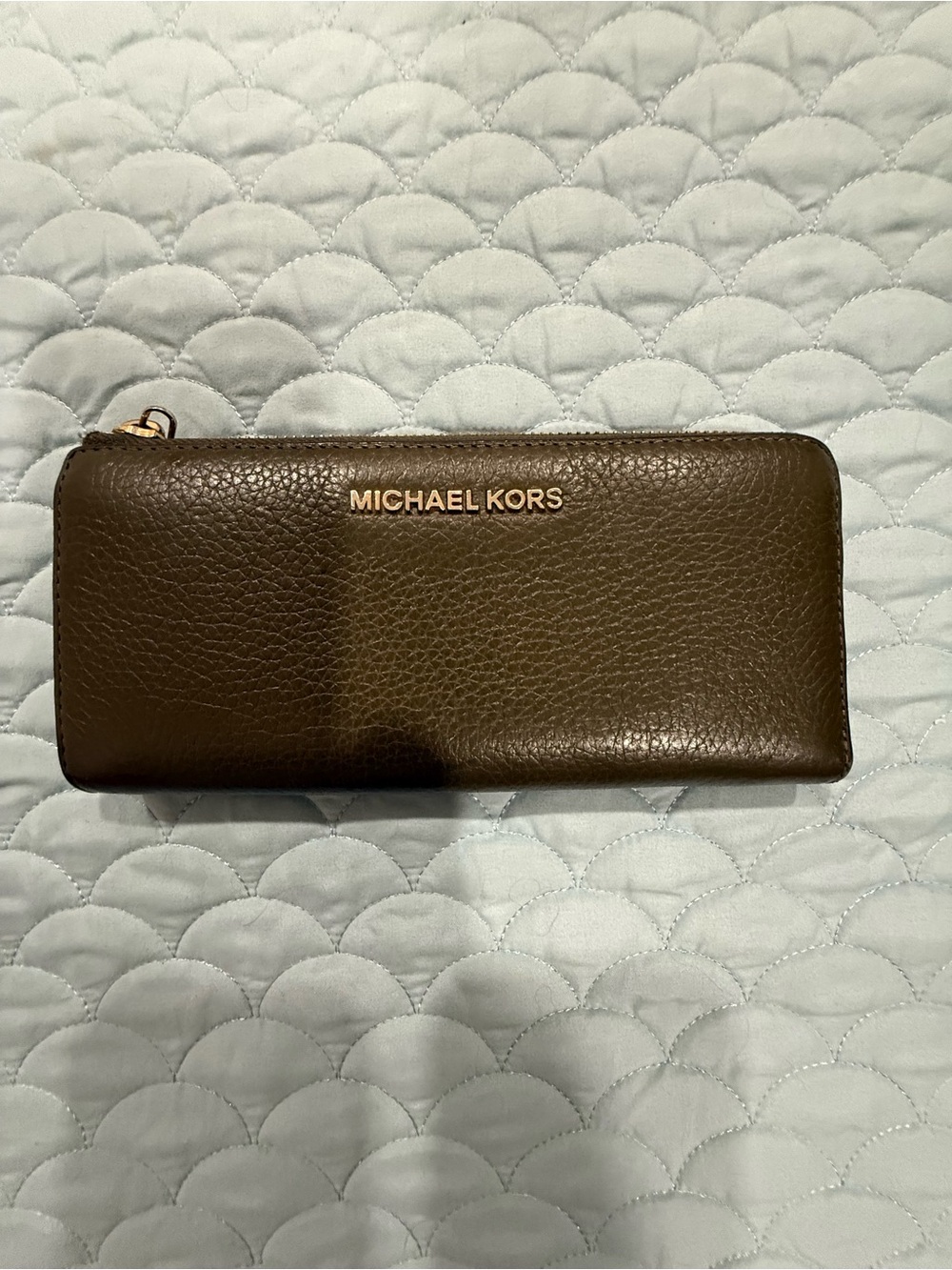 Michael Kors Dark green Pebbled Leather Zip Card Holder with Gold Logo